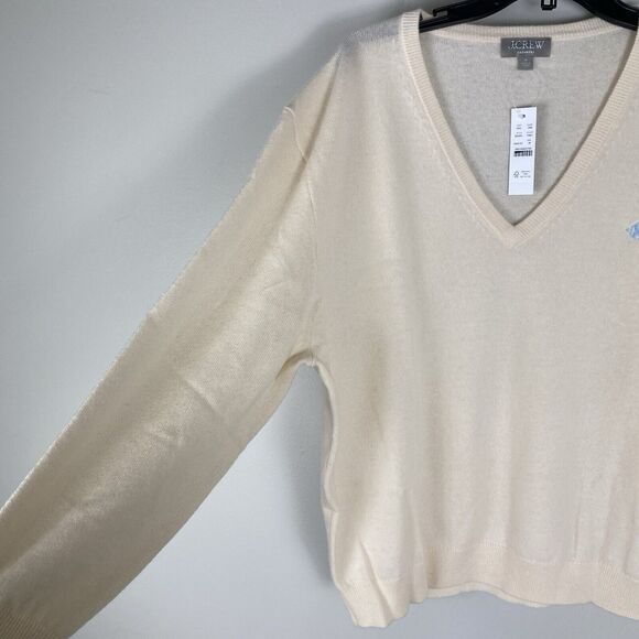 J Crew Womens Medium Cashmere Long Sleeve V Neck Pullover Sweater Ivory Monogram - Picture 2 of 6